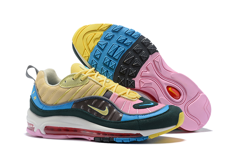 Women Nike Air Max 98 Flyknit Yellow Pink Black Blue Shoes - Click Image to Close
